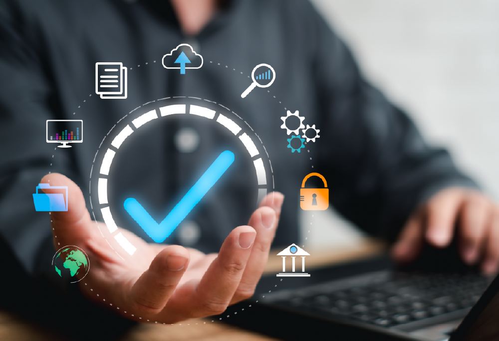 Man's open hand with a digital checkmark hovering over his palm